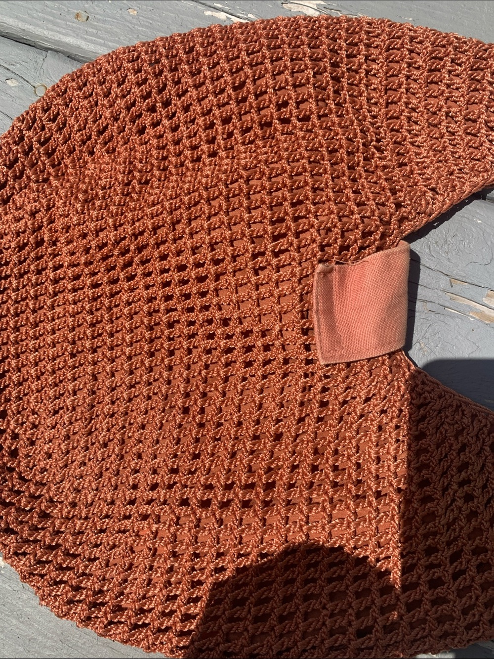 Rust Crochet Shoulder Hobo Bag with Wooden Accent - Picture 4 of 5